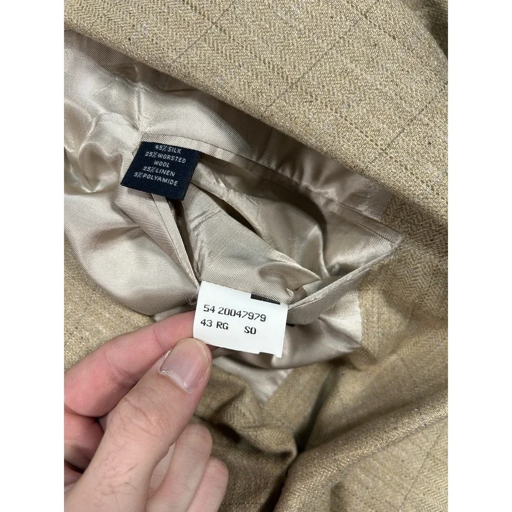 Vintage Brooks Brothers Blazer Men 43R Beige Windowpane Worsted Wool‎ Silk Linen